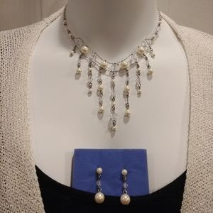 Faux Pearl Statement Necklace with Earrings